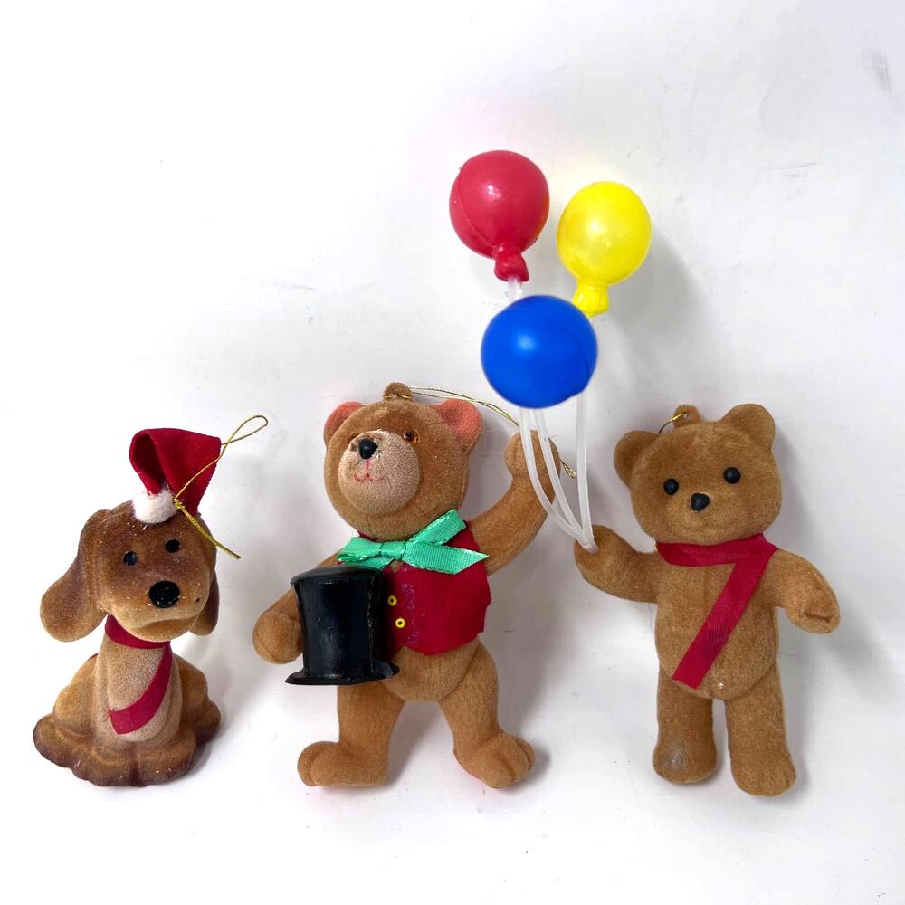 Vintage‎ Flocked Ornament Lot of 3 Teddy Bear Balloon Magic Hat Puppy Dog Santa